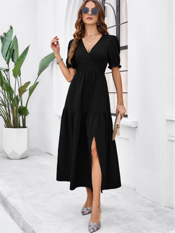 Midi Dresses- Women's Smocked Bodice Midi Dress with Solid Puff Sleeves- - IndioGear Fashion and Gear