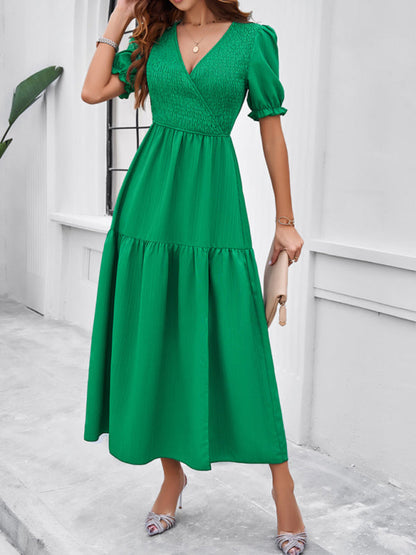 Midi Dresses- Women's Smocked Bodice Midi Dress with Solid Puff Sleeves- Grass green- IndioGear Fashion and Gear