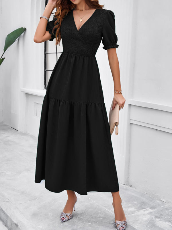 Midi Dresses- Women's Smocked Bodice Midi Dress with Solid Puff Sleeves- Black- IndioGear Fashion and Gear