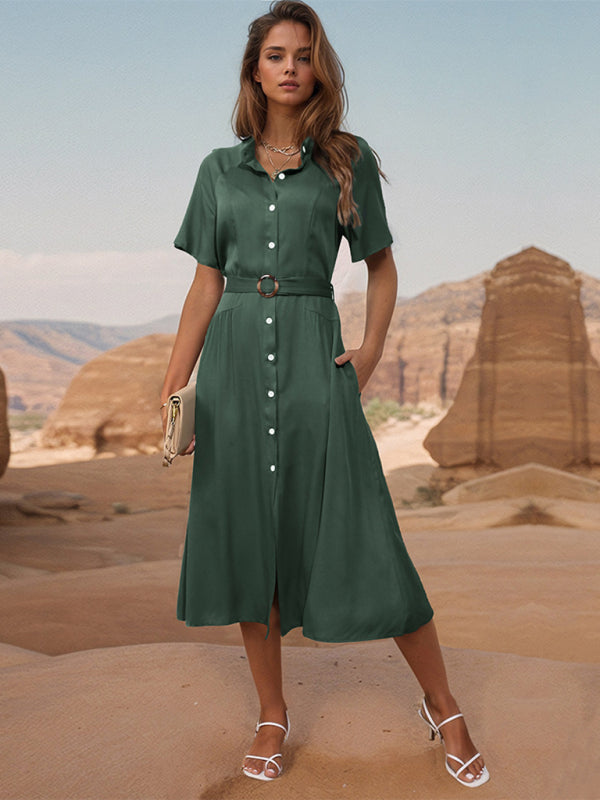 Midi Dresses- Women's Solid Button-Up A-Line Midi Dress with Waist Belt- Olive green- IndioGear Fashion and Gear