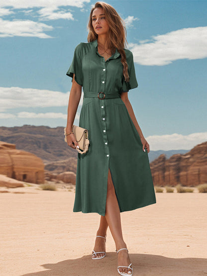 Midi Dresses- Women's Solid Button-Up A-Line Midi Dress with Waist Belt- - IndioGear Fashion and Gear