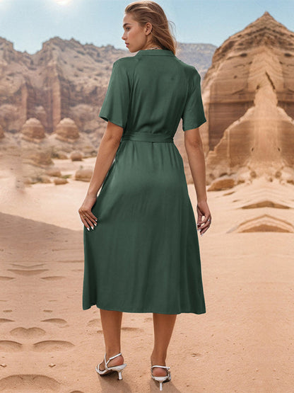 Midi Dresses- Women's Solid Button-Up A-Line Midi Dress with Waist Belt- - IndioGear Fashion and Gear