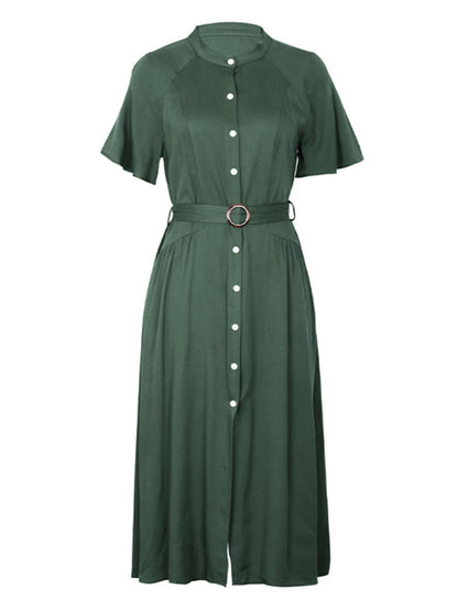 Midi Dresses- Women's Solid Button-Up A-Line Midi Dress with Waist Belt- - IndioGear Fashion and Gear