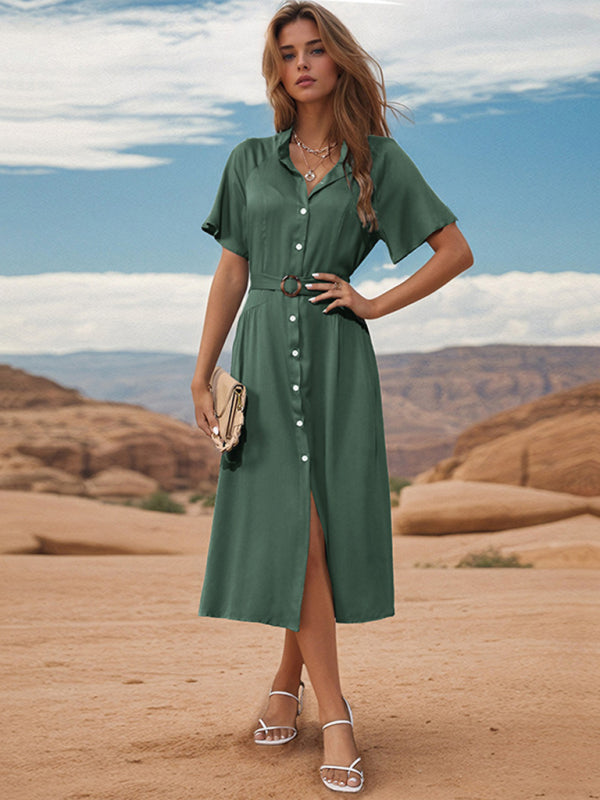 Midi Dresses- Women's Solid Button-Up A-Line Midi Dress with Waist Belt- - IndioGear Fashion and Gear