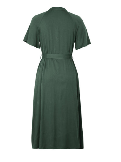 Midi Dresses- Women's Solid Button-Up A-Line Midi Dress with Waist Belt- - IndioGear Fashion and Gear