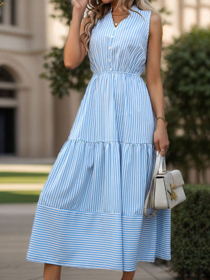 A-Line Midi Dress with Stripes, Ruffled Tiers & Gathered Waist