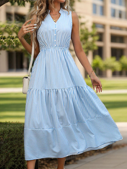 A-Line Midi Dress with Stripes, Ruffled Tiers & Gathered Waist