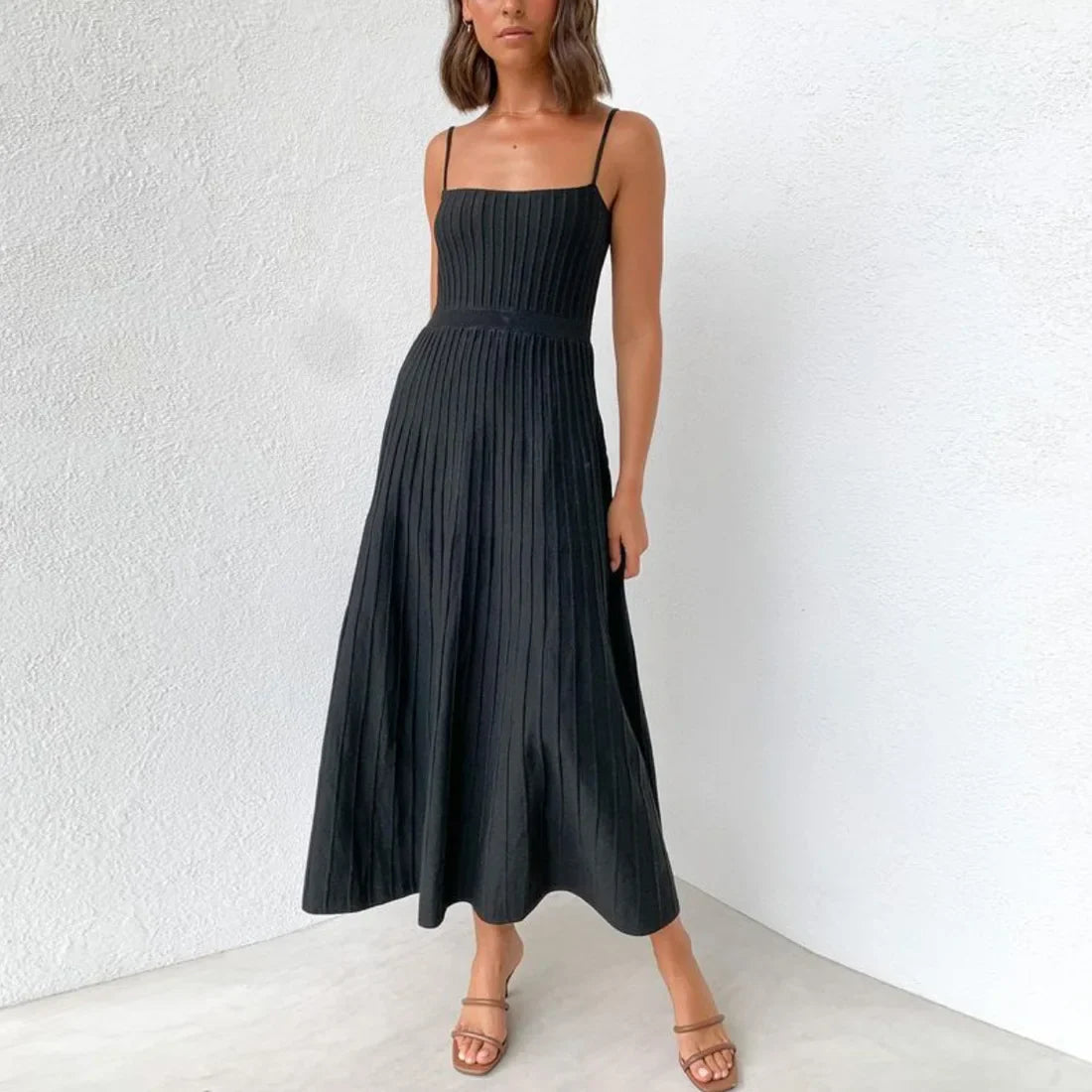 Midi Dresses- Women's Summer Knit Cami Midi Dress in Pleated Style- Black- IndioGear Fashion and Gear