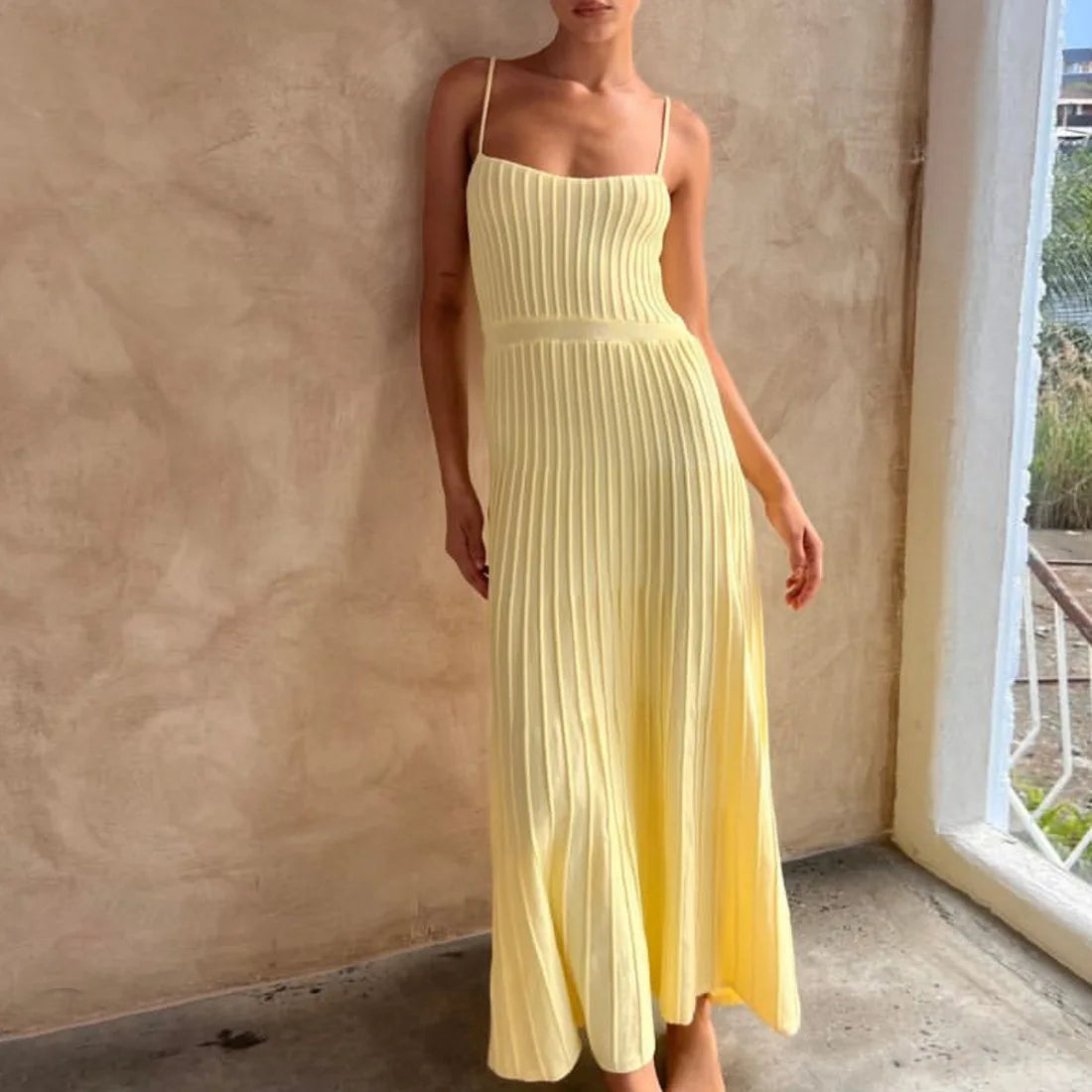 Midi Dresses- Women's Summer Knit Cami Midi Dress in Pleated Style- Yellow- IndioGear Fashion and Gear