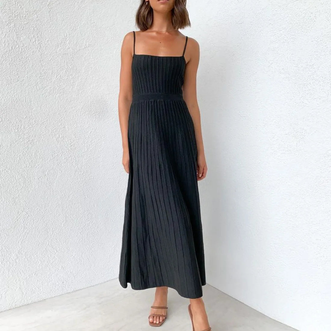 Midi Dresses- Women's Summer Knit Cami Midi Dress in Pleated Style- - IndioGear Fashion and Gear