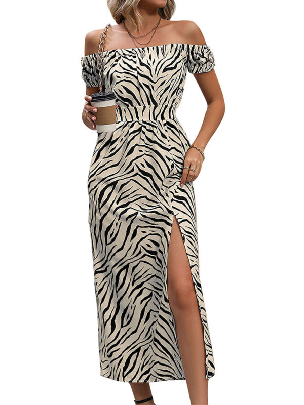 Midi Dresses- Women's Zebra Print Sheath Off Shoulder Slit Midi Dress- - IndioGear Fashion and Gear