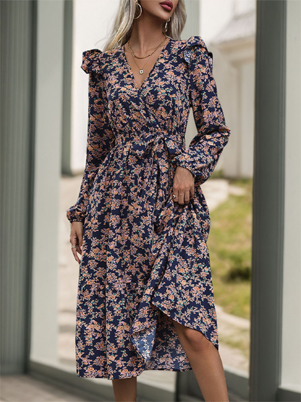 Midi Dresses- Wrap in Floral Surplice Belted Midi Dress for Any Occasion- - IndioGear.com