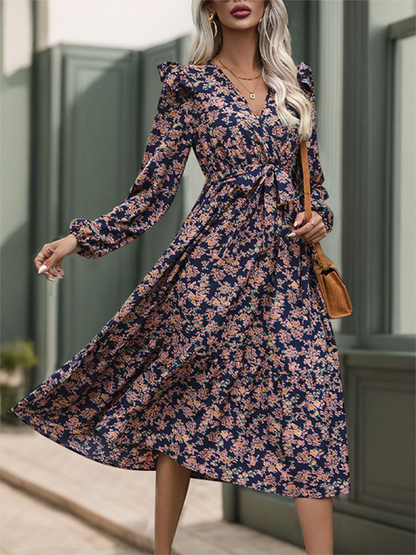 Midi Dresses- Wrap in Floral Surplice Belted Midi Dress for Any Occasion- - IndioGear.com