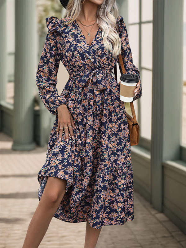 Midi Dresses- Wrap in Floral Surplice Belted Midi Dress for Any Occasion- - IndioGear.com