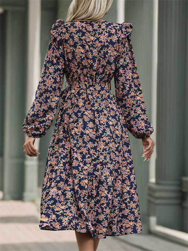 Midi Dresses- Wrap in Floral Surplice Belted Midi Dress for Any Occasion- - IndioGear.com