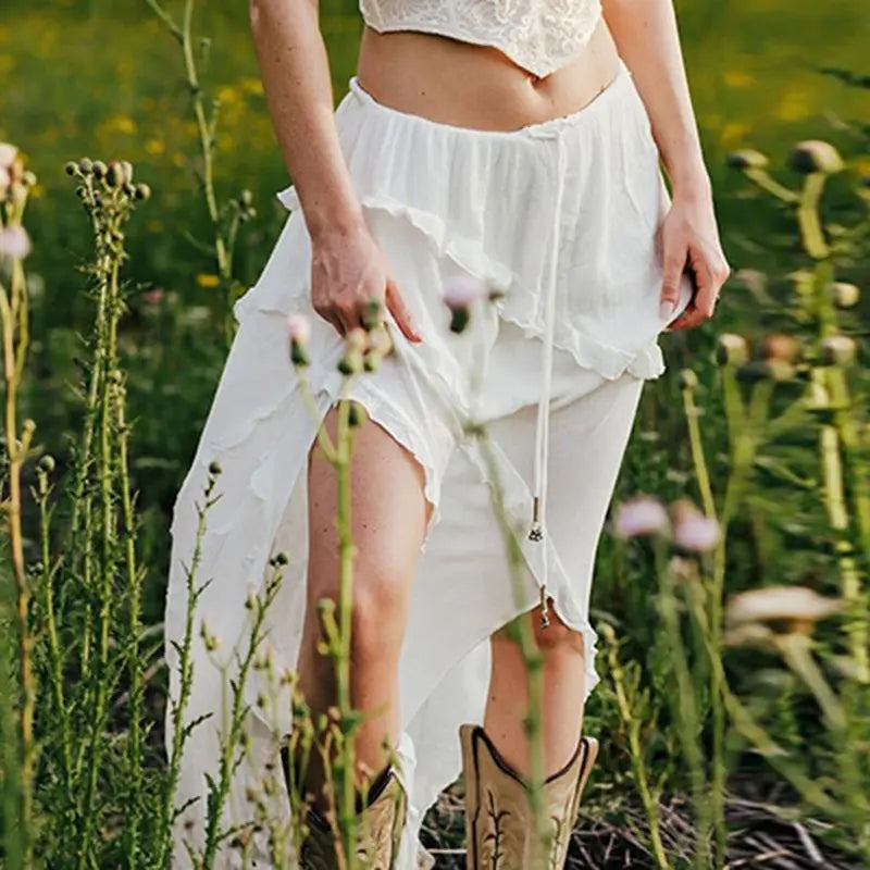 Midi Skirts- Bohemian White Ruffled Asymmetrical Midi Skirt with Lace-Up Detail