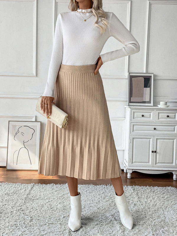 Midi Skirts- Camel Pleated Midi Skirt for Work & Events- - IndioGear Women Clothing