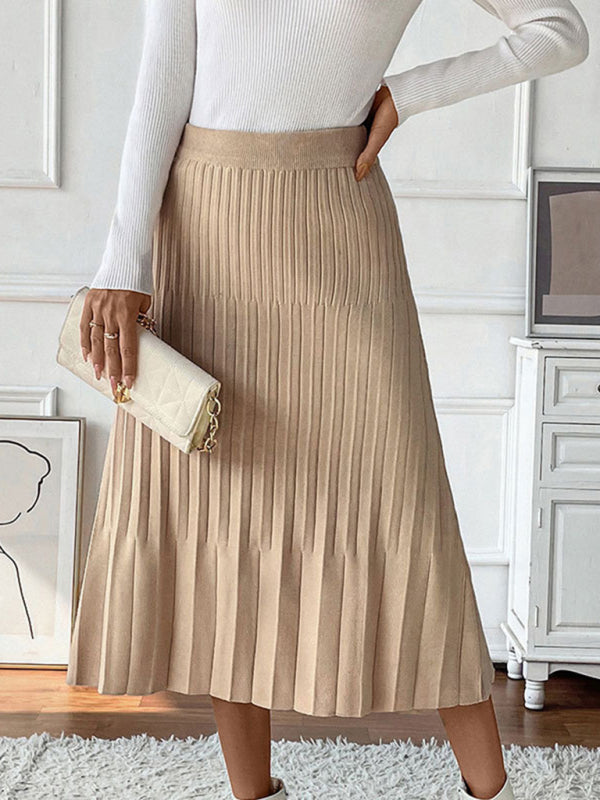 Midi Skirts- Camel Pleated Midi Skirt for Work & Events- Khaki- IndioGear Women Clothing