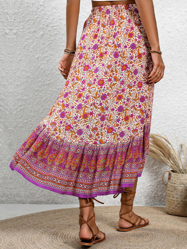 Boho Floral High-Low Ruffle Midi Skirt for Women