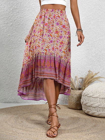 Boho Floral High-Low Ruffle Midi Skirt for Women