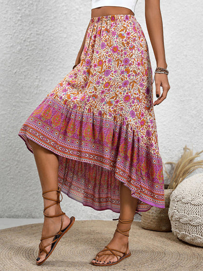 Boho Floral High-Low Ruffle Midi Skirt for Women