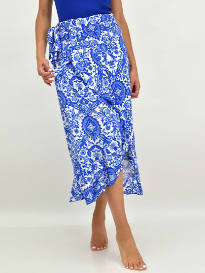 Women's Blue Floral High-Low Midi Skirt