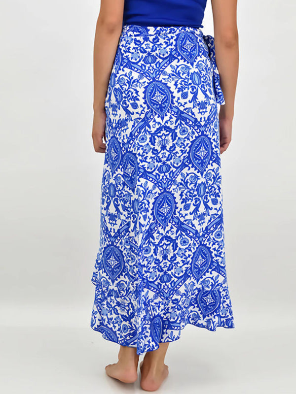 Women's Blue Floral High-Low Midi Skirt