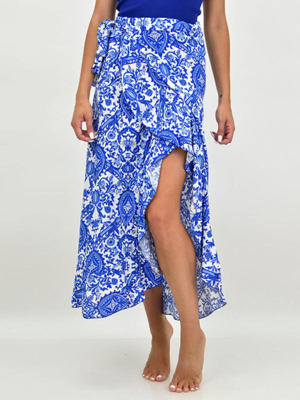 Women's Blue Floral High-Low Midi Skirt