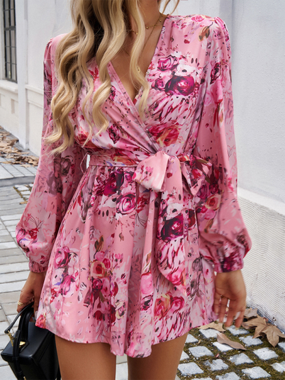 MinI Dresses- Vibrant Floral Wrap Romper Dress for Women- Pink- IndioGear.com