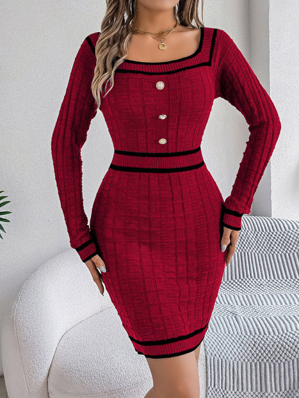 Mini Bodycon Dresses- Square Neck Long Sleeve Knit Bodycon – Trim Accent- Wine Red- IndioGear.com