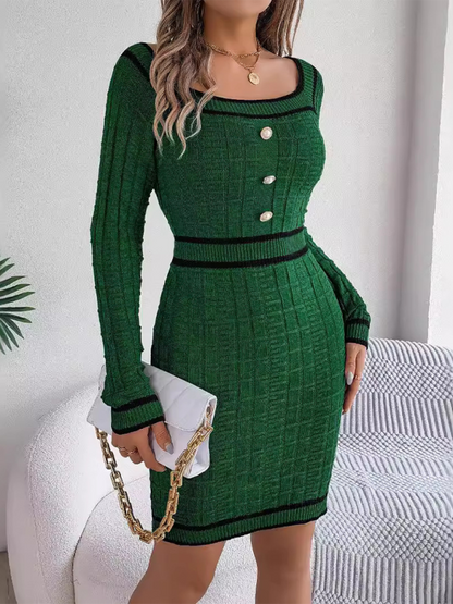 Mini Bodycon Dresses- Square Neck Long Sleeve Knit Bodycon – Trim Accent- - IndioGear.com