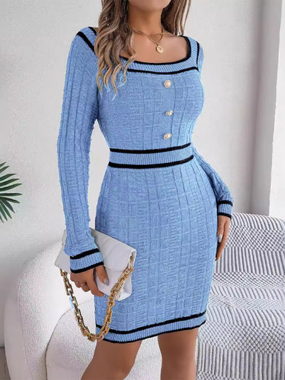 Mini Bodycon Dresses- Square Neck Long Sleeve Knit Bodycon – Trim Accent- - IndioGear.com