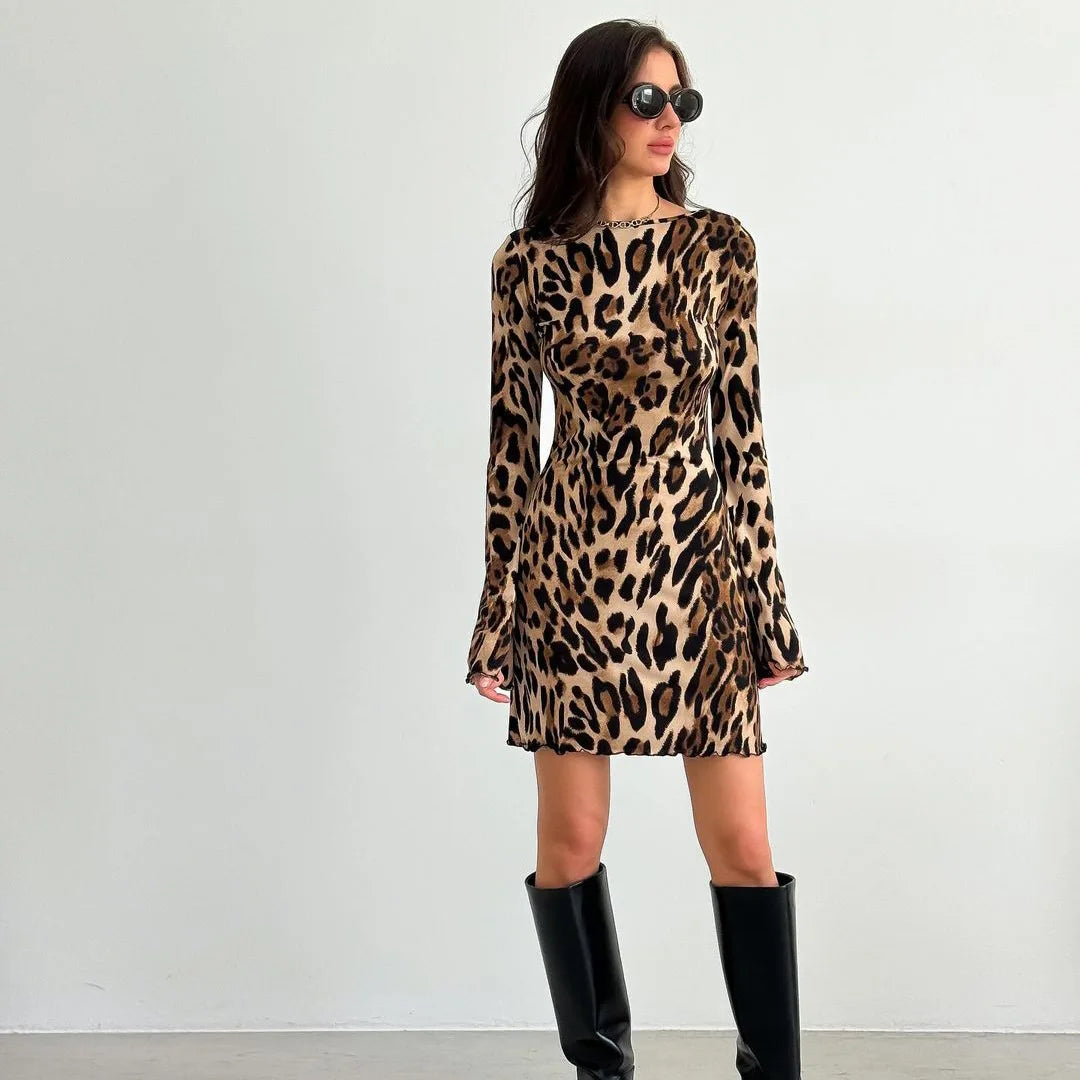 Mini Dress- Leopard Print Mesh Long Sleeve See Through Mini Dress - Urban Fashion- - IndioGear Women Clothing