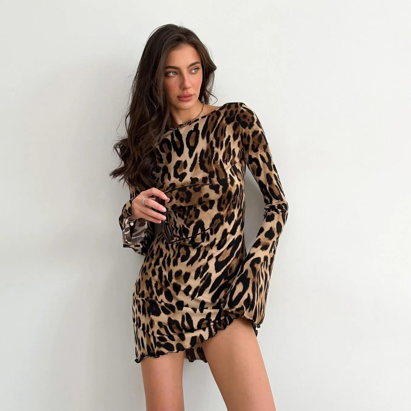 Mini Dress- Leopard Print Mesh Long Sleeve See Through Mini Dress - Urban Fashion- Animal Print- IndioGear Women Clothing