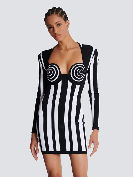 Mini Dresses- Artistic Spiral Stripe Dress Illusion Bodycon- - IndioGear Women Clothing