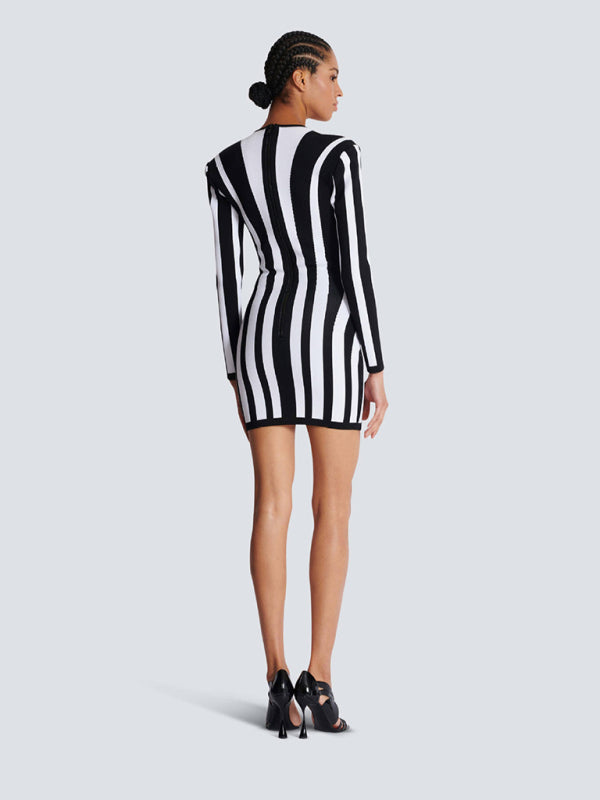 Mini Dresses- Artistic Spiral Stripe Dress Illusion Bodycon- - IndioGear Women Clothing