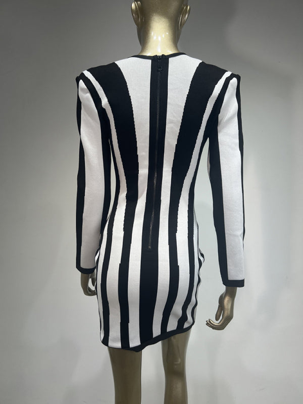 Mini Dresses- Artistic Spiral Stripe Dress Illusion Bodycon- - IndioGear Women Clothing