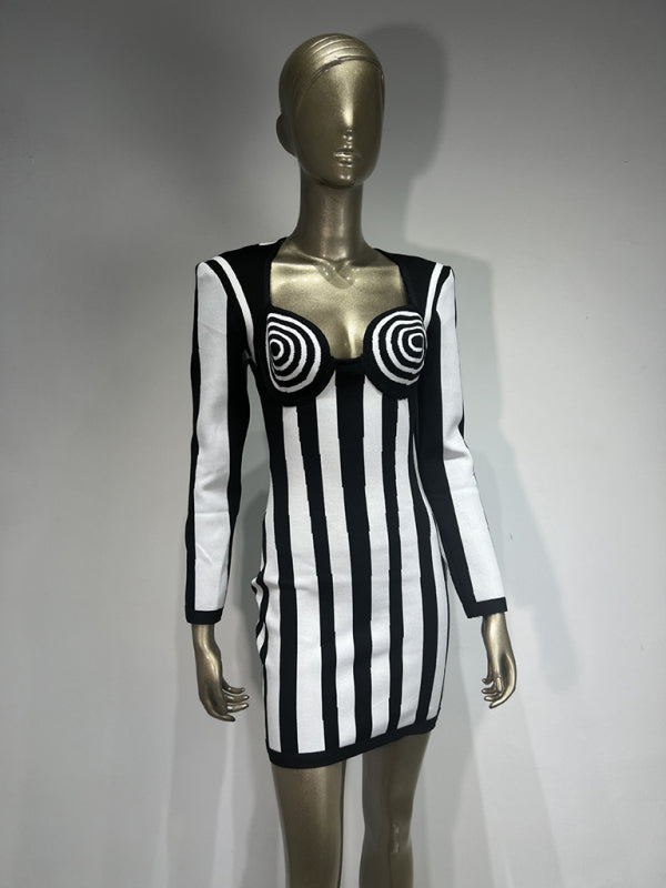 Mini Dresses- Artistic Spiral Stripe Dress Illusion Bodycon- - IndioGear Women Clothing