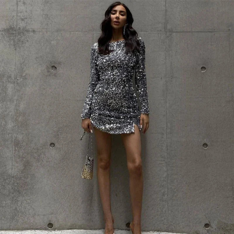 Mini Dresses- Backless Sparkling Silver Sequin Mini Dress Long Sleeve- - IndioGear.com