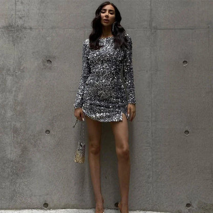 Mini Dresses- Backless Sparkling Silver Sequin Mini Dress Long Sleeve- - IndioGear.com