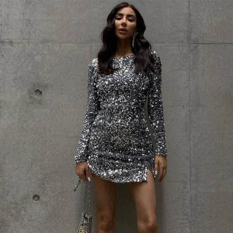 Mini Dresses- Backless Sparkling Silver Sequin Mini Dress Long Sleeve- - IndioGear.com