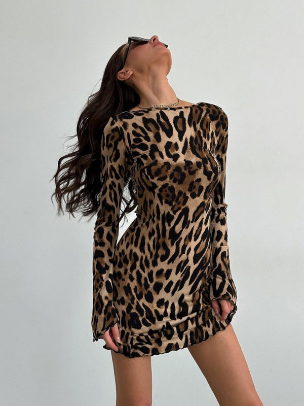 Mini Dresses- Bell Sleeve Leopard Mini Dress for Runway Events- - IndioGear Women Clothing