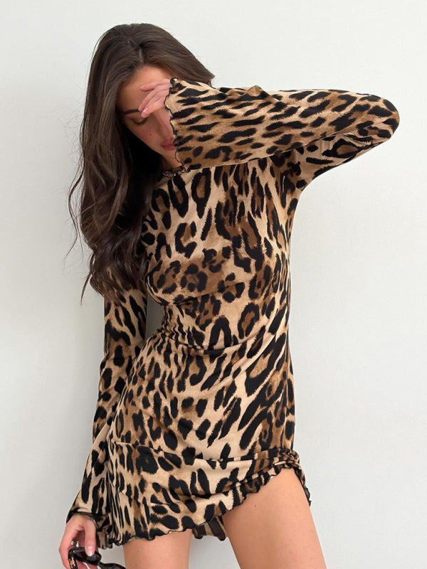 Mini Dresses- Bell Sleeve Leopard Mini Dress for Runway Events- - IndioGear Women Clothing