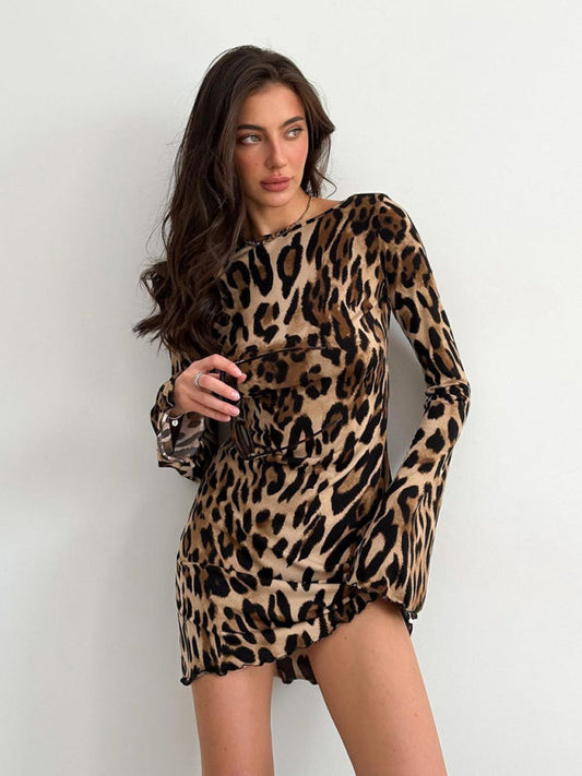 Mini Dresses- Bell Sleeve Leopard Mini Dress for Runway Events- Leopard- IndioGear Women Clothing