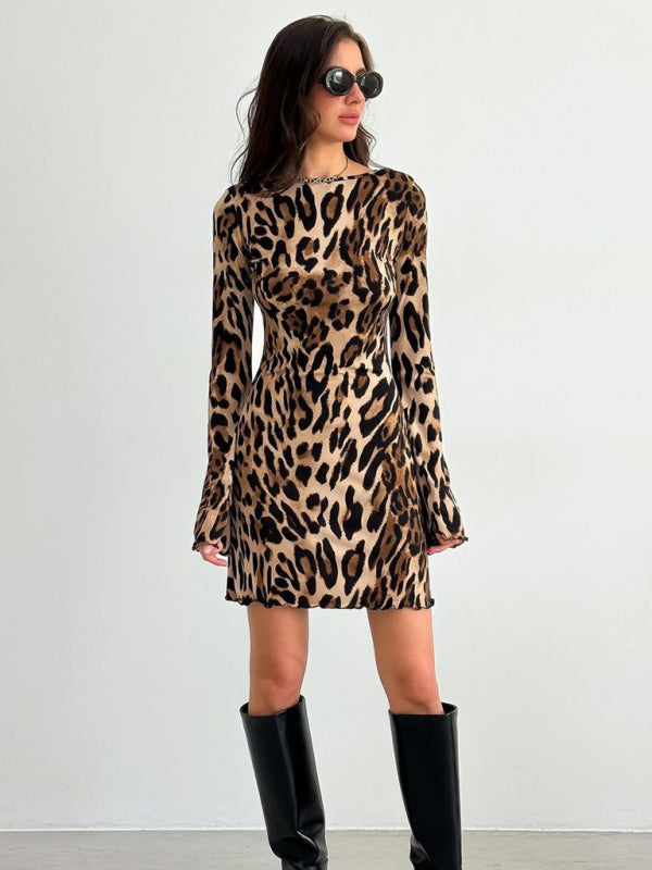 Mini Dresses- Bell Sleeve Leopard Mini Dress for Runway Events- - IndioGear Women Clothing