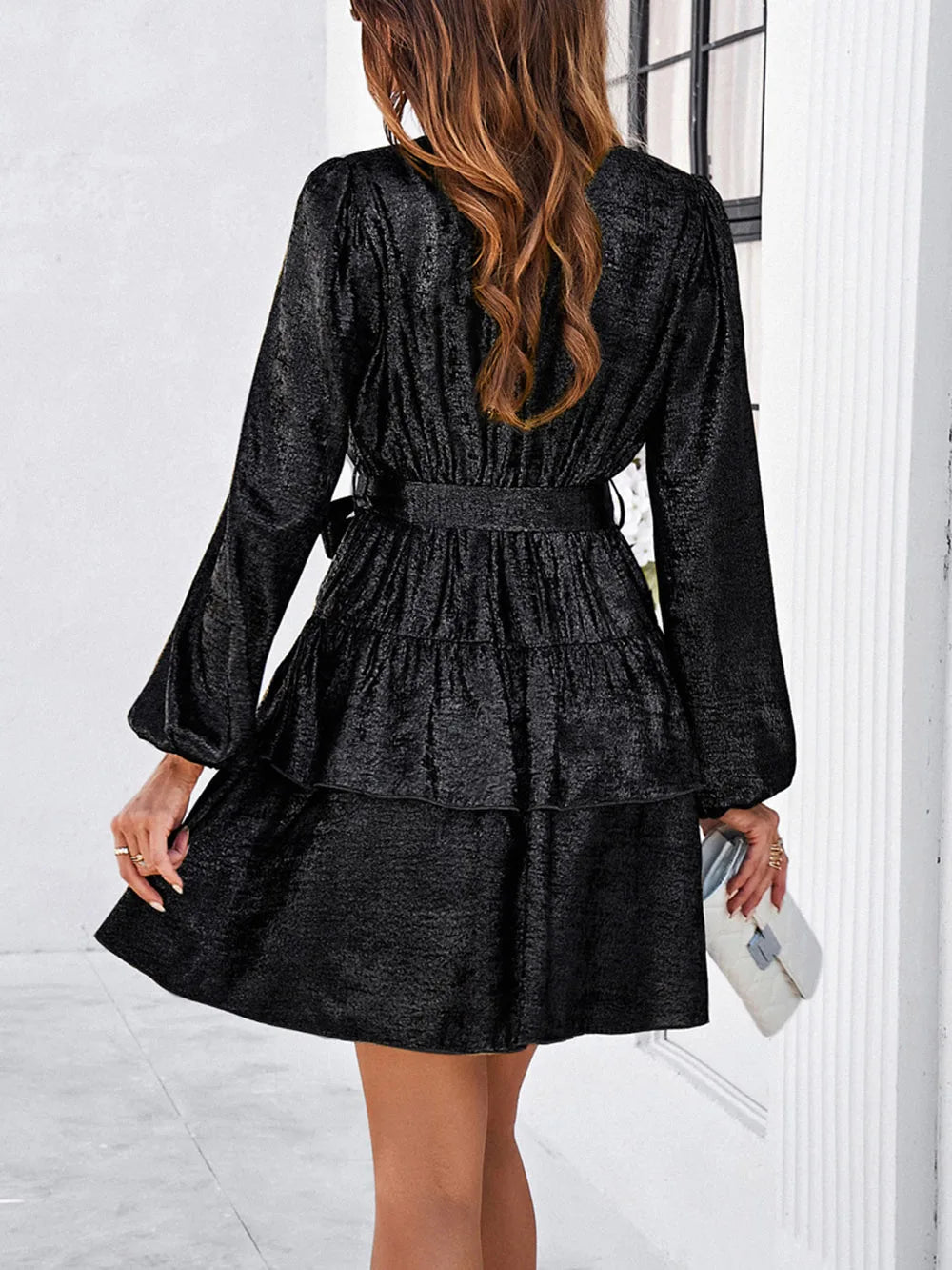 Mini Dresses- Black Layered V-neck Belted Long Sleeve Mini Dress- - IndioGear.com