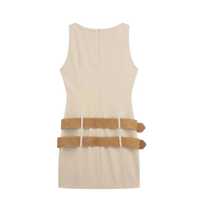 Mini Dresses- Bodycon Mini Dress with Double Belts for Summer Cocktail Parties- - IndioGear Fashion and Gear