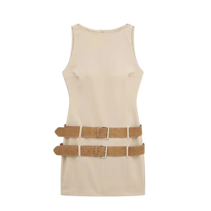 Mini Dresses- Bodycon Mini Dress with Double Belts for Summer Cocktail Parties- khaki- IndioGear Fashion and Gear