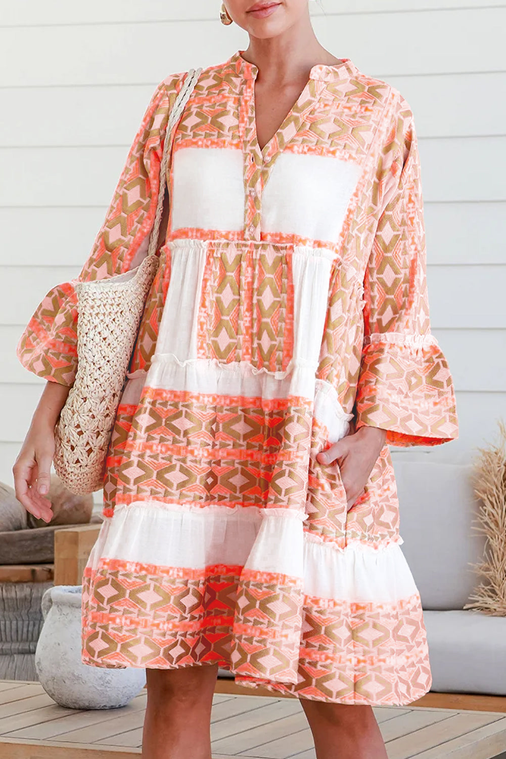 Mini Dresses- Boho Tiered Geometric Print Ruffle Dress- Orange- IndioGear Women Clothing