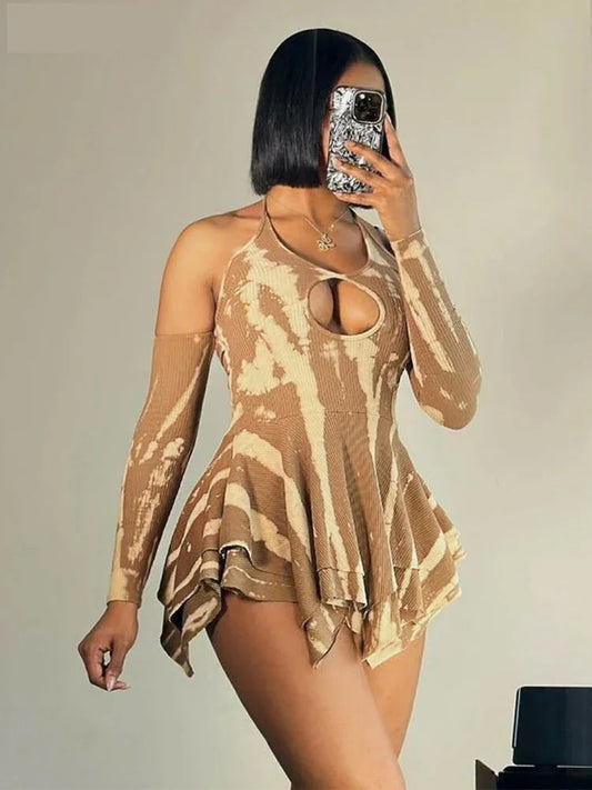 Mini Dresses- Camouflage-Inspired Abstract Halter Dress- Khaki- IndioGear.com